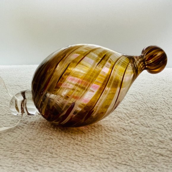 EUC Handblown Glass Ornament, Amber w/Wht, Red & Gold Brush Strokes, 4" T x 2" D - Picture 2 of 7
